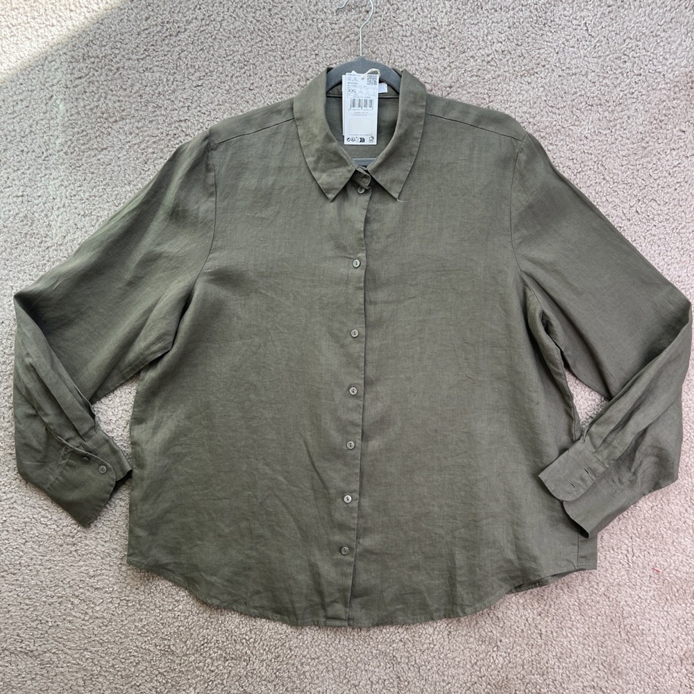MNG Mango Womens Linen Olive Green Button Down Long Sleeves Shirt 2XL NWT